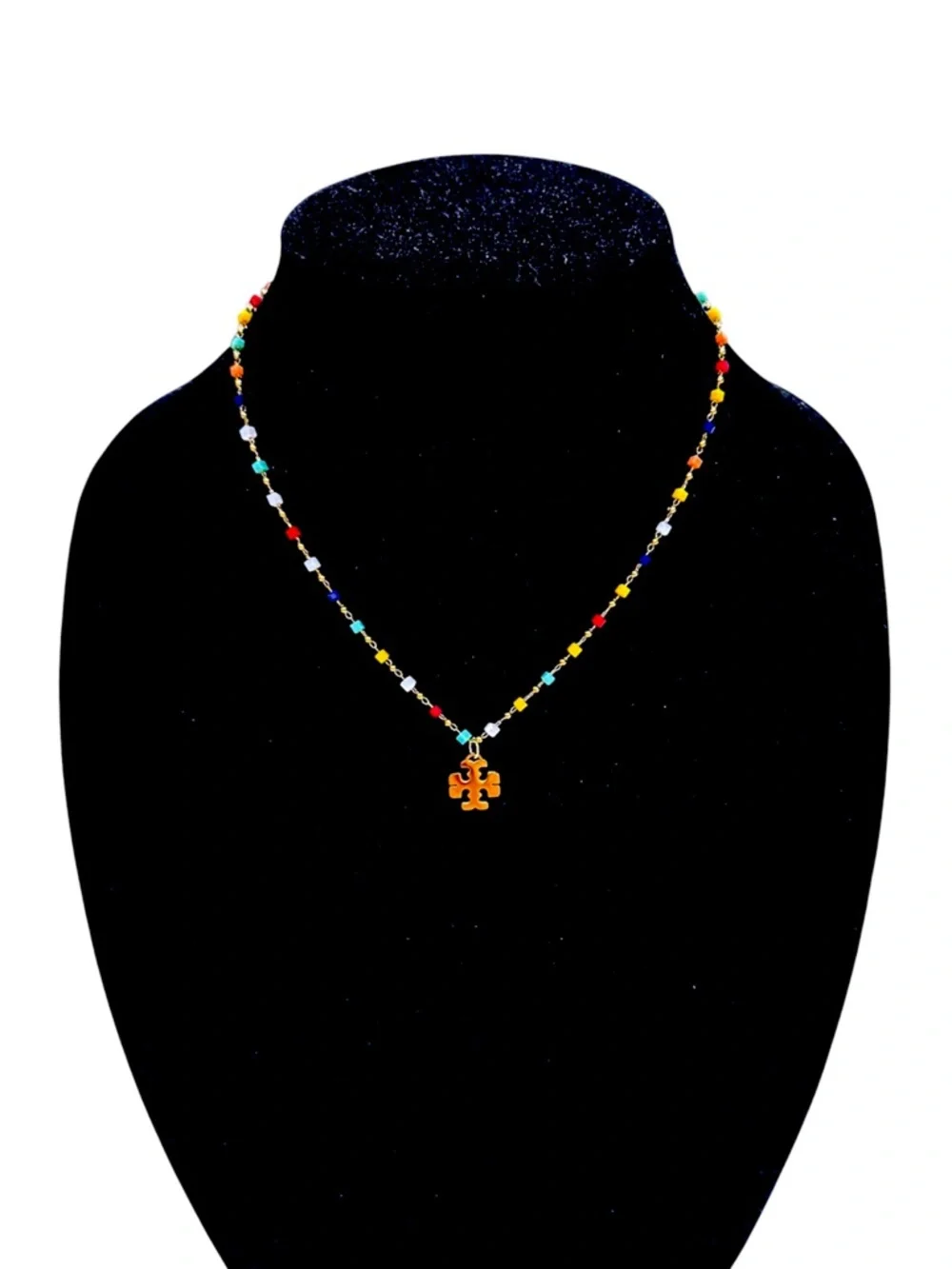 Tory Burch Dainty Multicolor Beaded Necklace Gold Logo Pendant in 18k Gold.